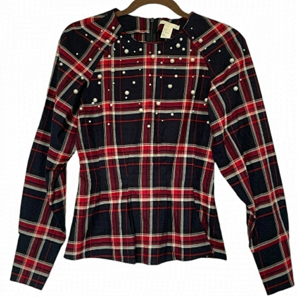 H&M Pearl Tartan Plaid Peplum Long Sleeves Too, 100% cotton Women’s size 2 - Picture 3 of 12